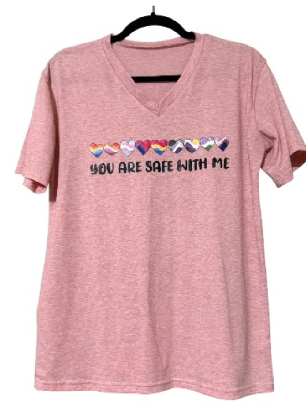 Women’s small pink v neck t shirt You Are Safe With Me short sleeve